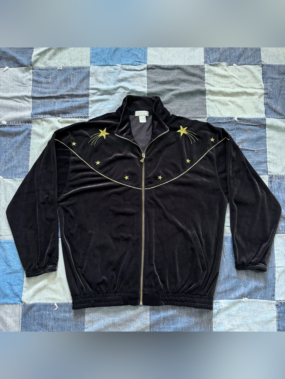 vintage euro joy black velvet velour gold embroidered stars zip up jacket size L